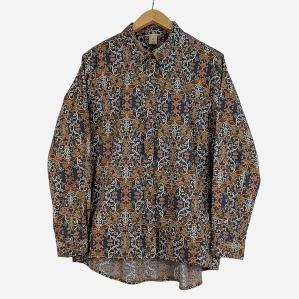 Duluth Trading Co Cotton Poplin Modern Tunic Paisley Botanical Print XL